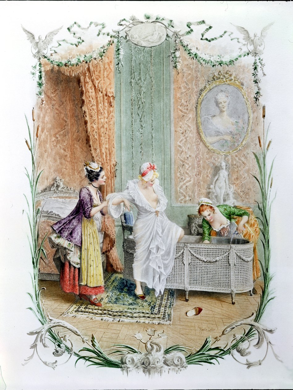 The Morning Bath, esimerkki elegantista pariisilaiselämästä 1700-luvun jälkipuoliskolla, noin 1890 tekijältä Maurice Leloir