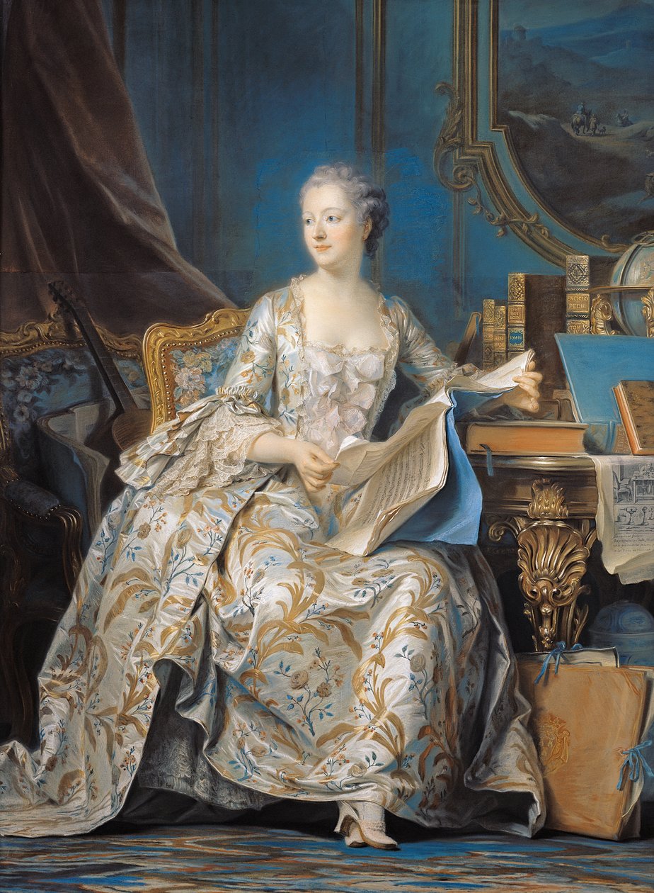 Jeanne Poisson (1721-64) Markiisi de Pompadour, 1755 (pastelli kankaalle kiinnitettynä paperille) tekijältä Maurice Quentin de La Tour