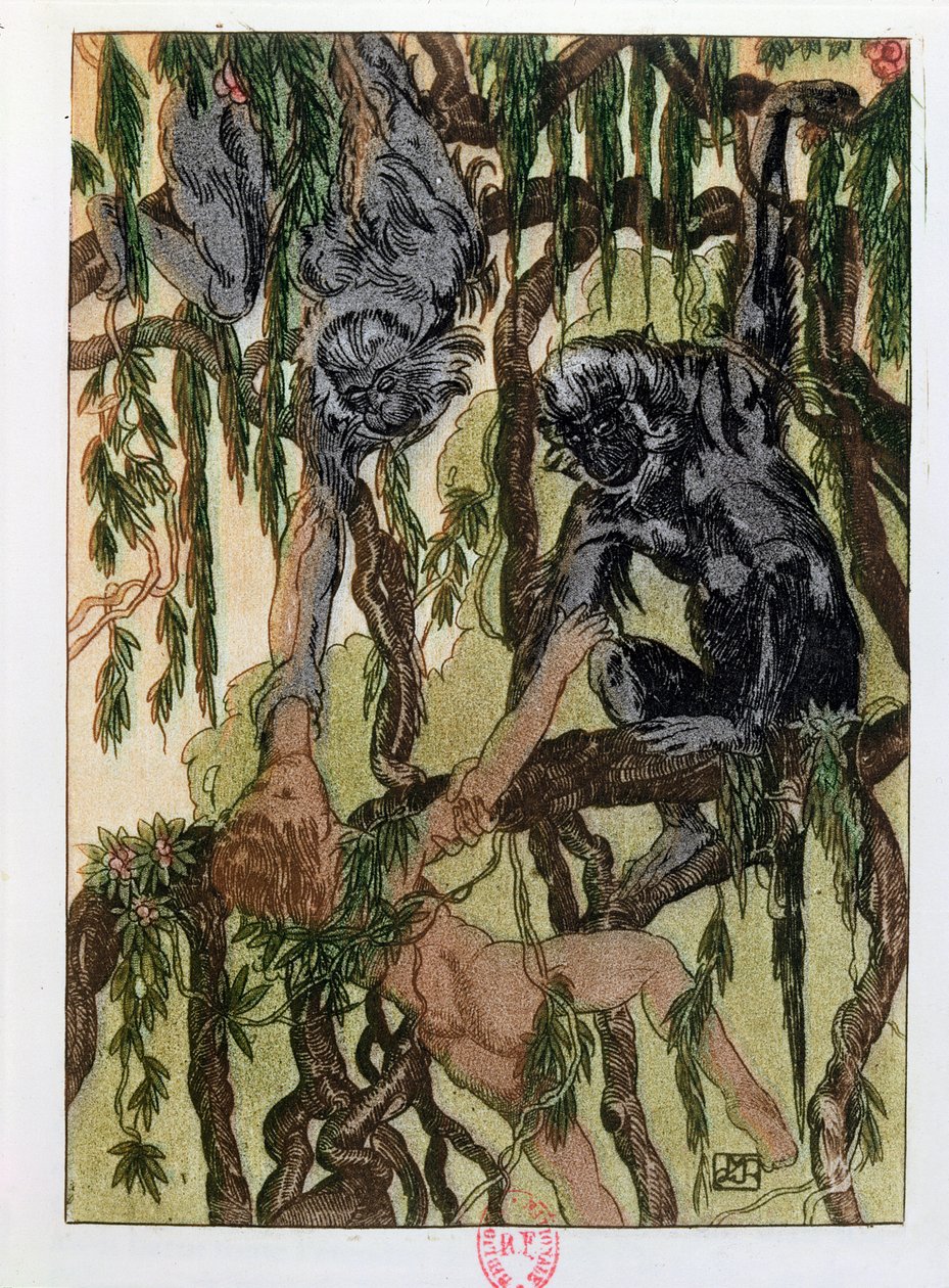 Mowgli ja apinat, kuvitus Rudyard Kiplingin (1865-1936) viidakkokirjasta, julkaistu Pariisissa, 1930 tekijältä Maurice de Becque