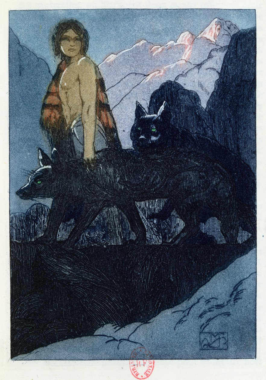 Mowgli ja sudet, kuvitus Rudyard Kiplingin (1865-1936) viidakkokirjasta, julkaistu Pariisissa, 1930 tekijältä Maurice de Becque