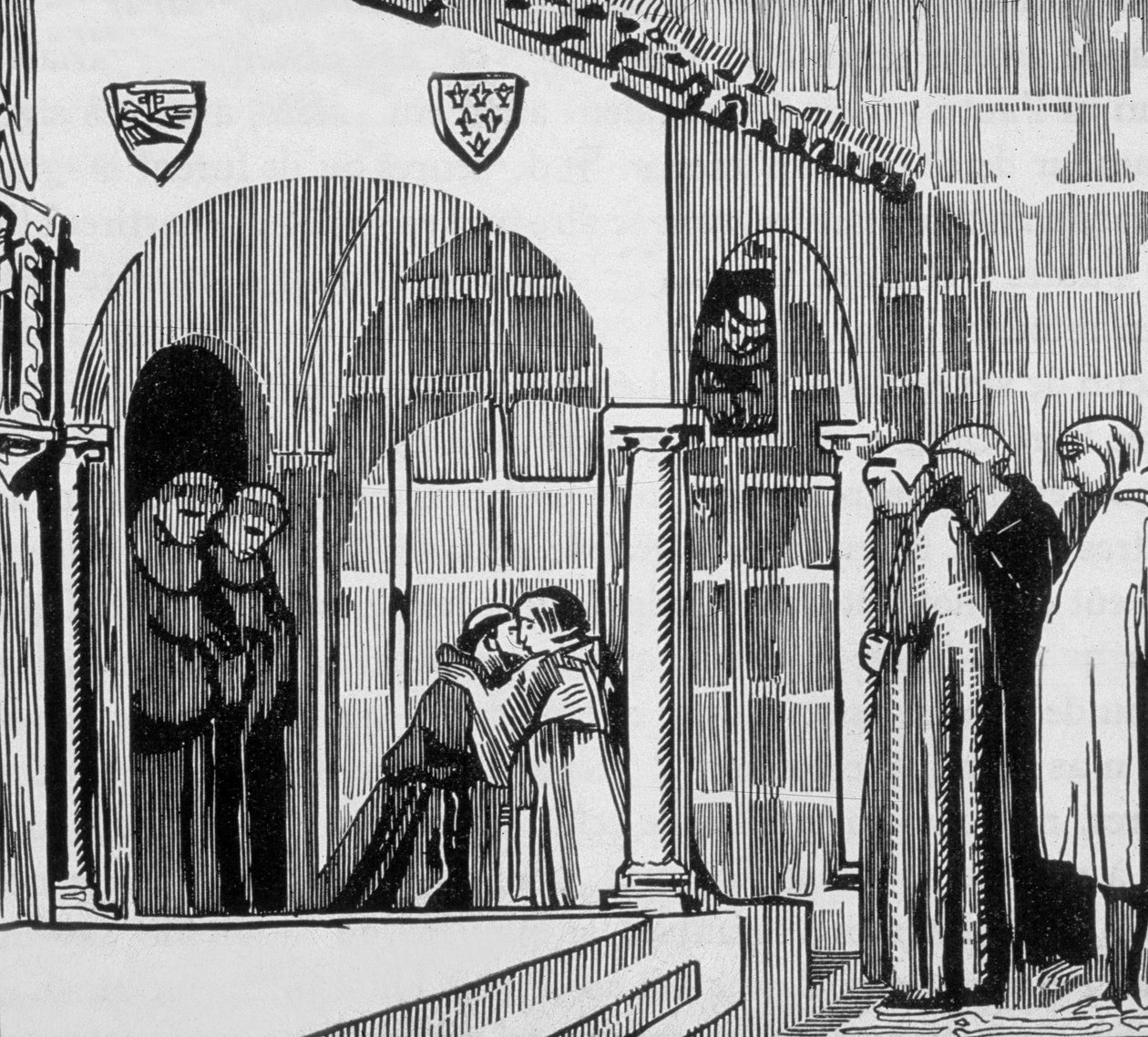 Ranskan kuningas Saint Louis (Louis IX 1214-1270) pyhiinvaeltajana vierailemassa Saint Frere Gilles