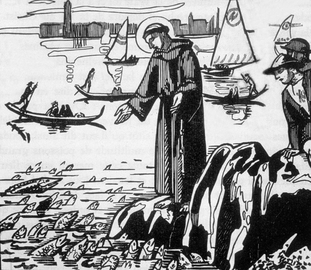 São Francisco de Assis pregando aos peixes em Rimini, gravado por Jacques Beltrand após desenho de Maurice Denisfinnish tekijältä Maurice (after) Denis