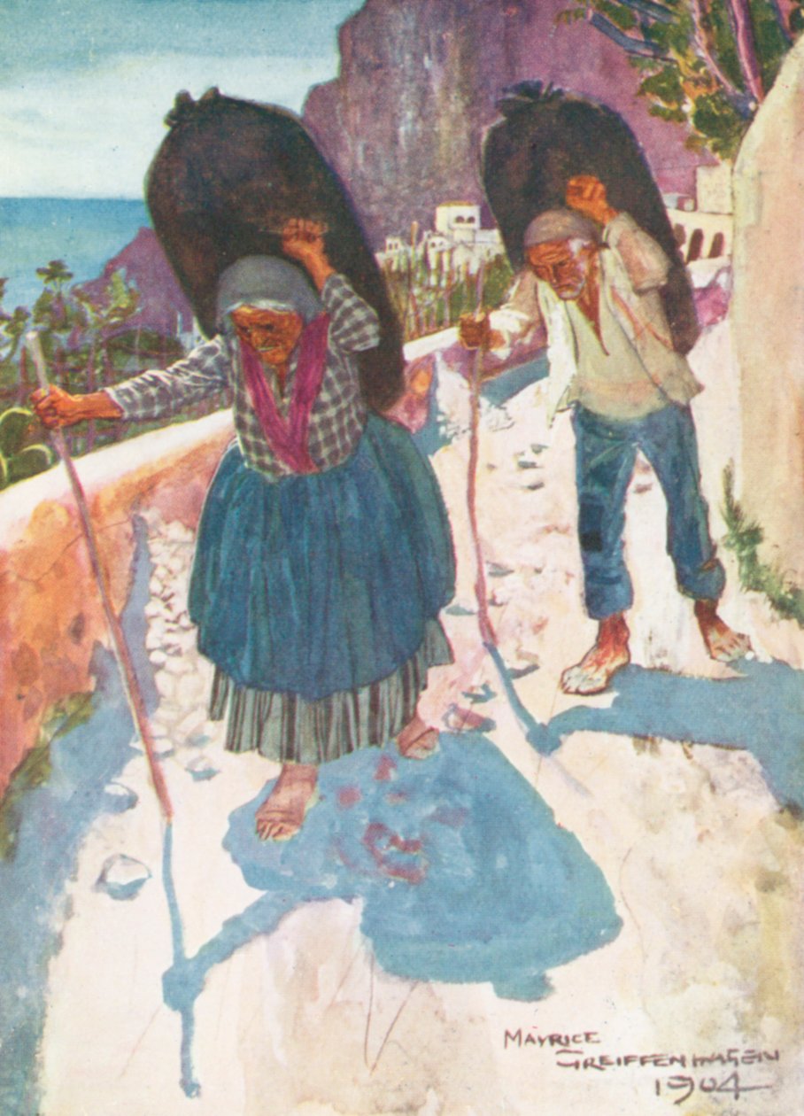Hiilikuormatrukit, Amalfi (värilitografia) tekijältä Maurice (after) Greiffenhagen