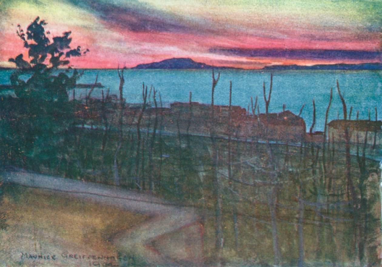 Ischia Castellamaresta käsin, auringonlasku (värilitografia) tekijältä Maurice (after) Greiffenhagen