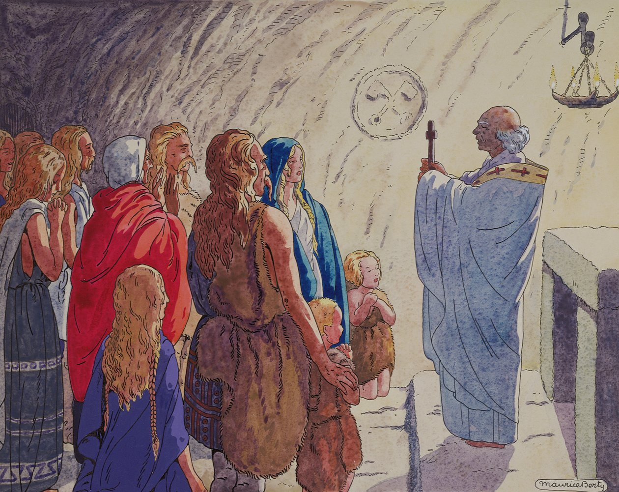 Gallialaisten uskonnollinen kääntymys, n. 1920-29 (kynä ja muste ja akvarelli paperille) tekijältä Maurice Berty
