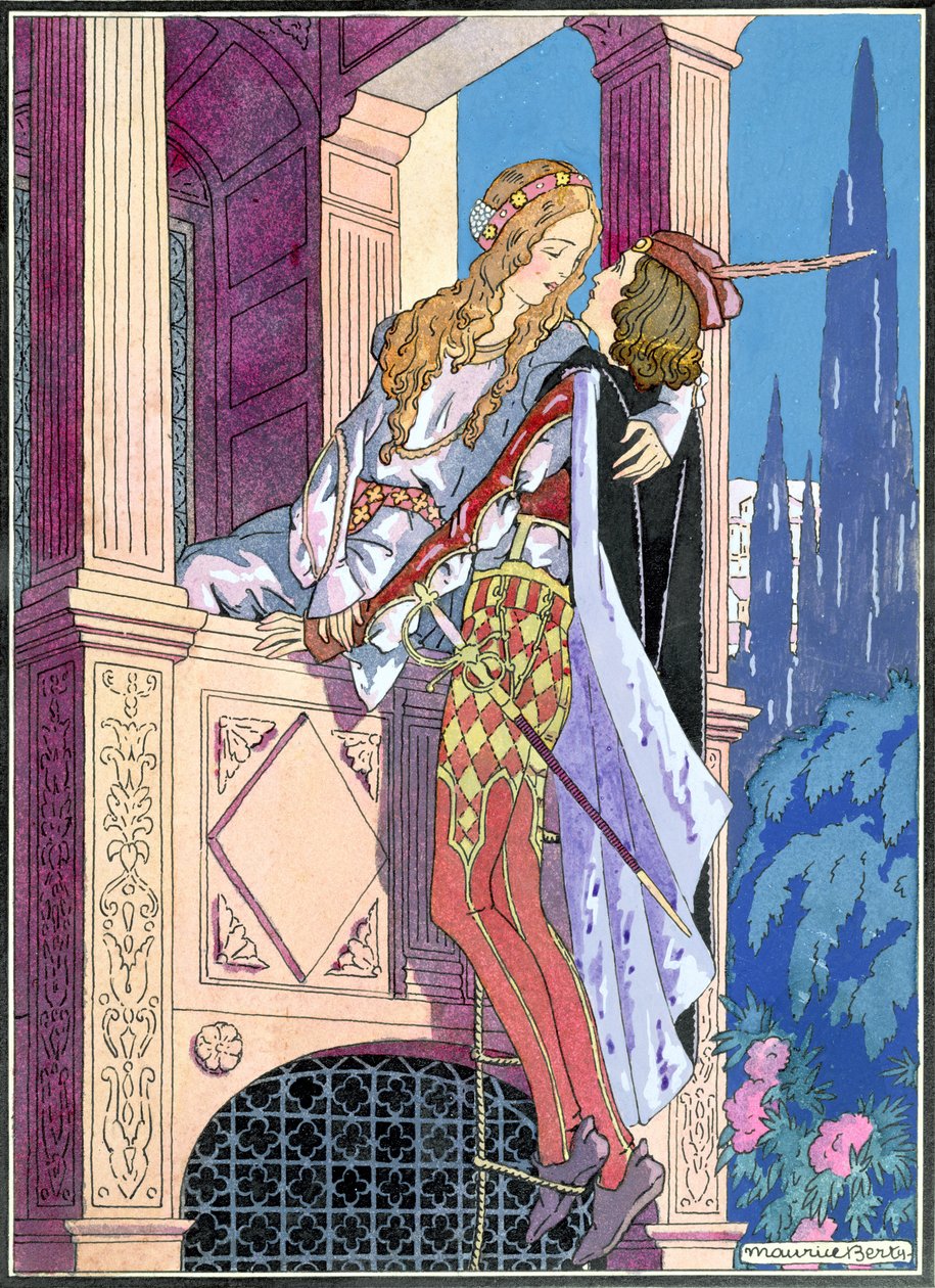 Romeo ja Julia parvekkeella, n. 1920 (värilitho) tekijältä Maurice Berty