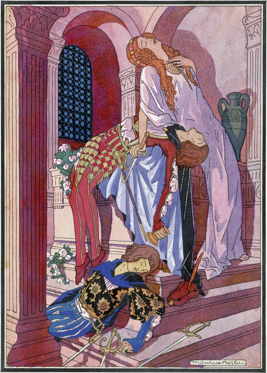 Romeon ja Julian kuolema, William Shakespearen (1564-1616) näytelmän viimeinen kohtaus (litho) tekijältä Maurice Berty