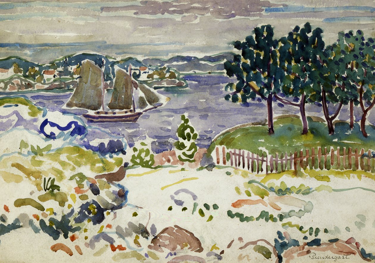 Inlet with Sailboat, Maine, n. 1913-1915. tekijältä Maurice Brazil Prendergast