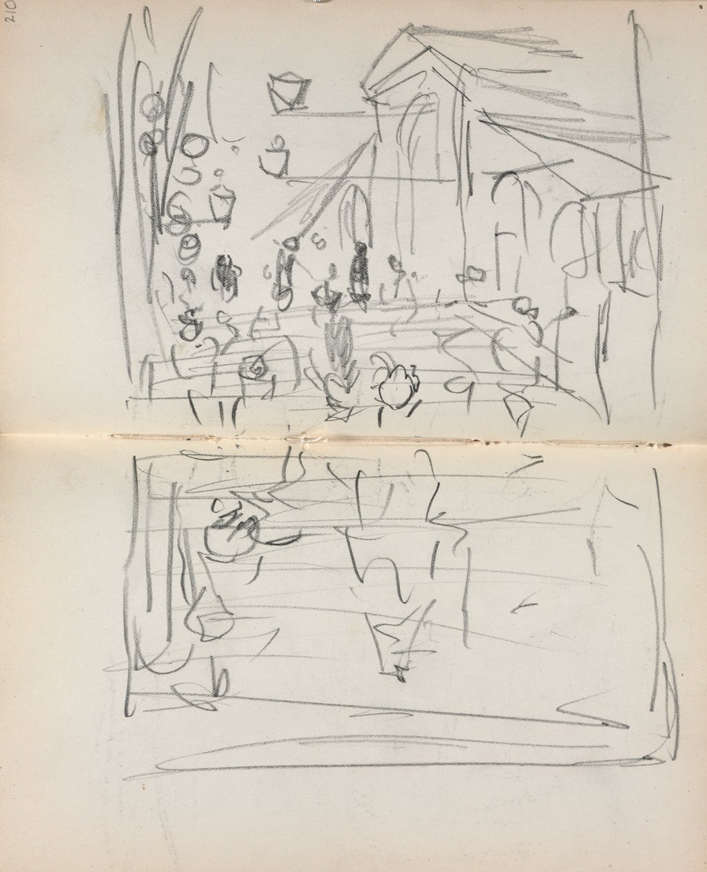 Italialainen luonnoskirja: Silta hahmoilla, sivut 209 ja 210, 1898-1899. tekijältä Maurice Brazil Prendergast