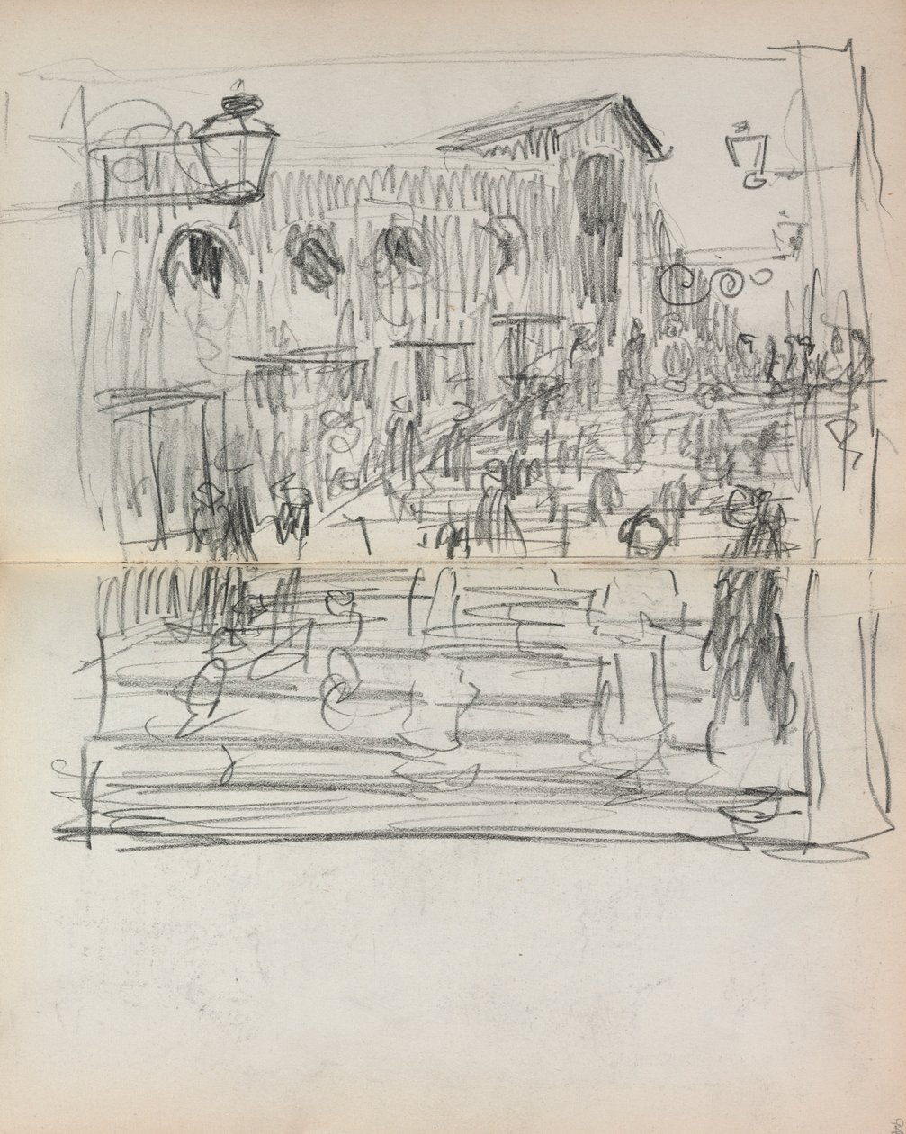 Italialainen luonnoskirja: Silta hahmoilla, sivut 93 ja 94, 1898-1899. tekijältä Maurice Brazil Prendergast