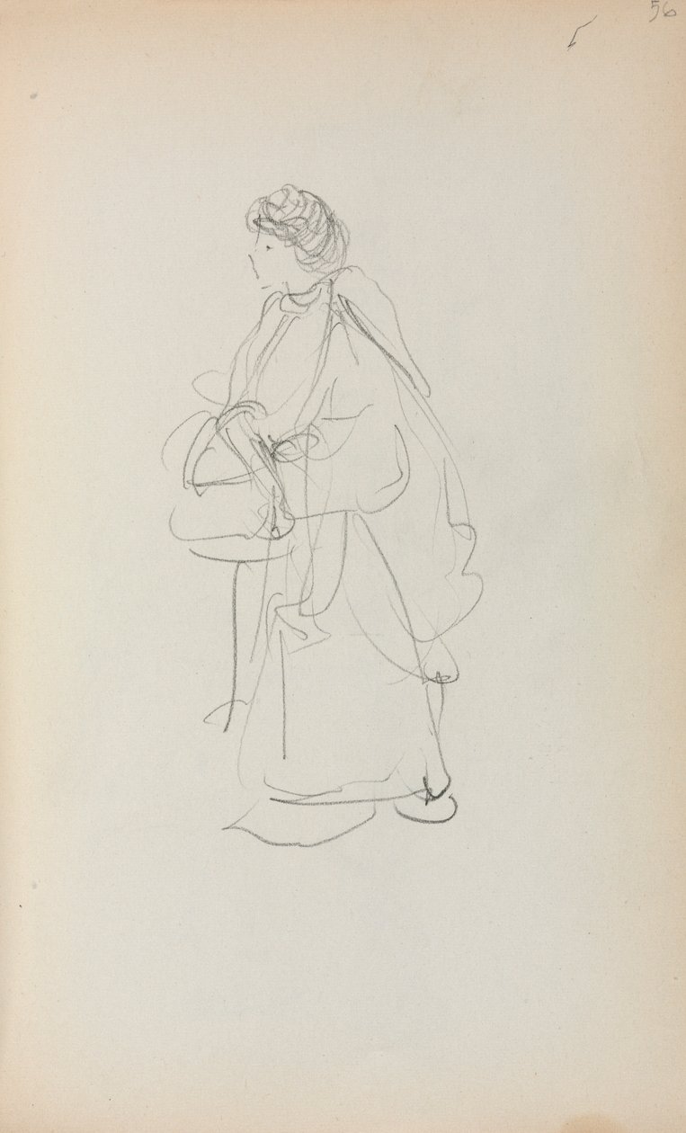 Italialainen luonnoskirja: Seisova nainen pitelee laukkua sivu 56, 1898-1899. tekijältä Maurice Brazil Prendergast