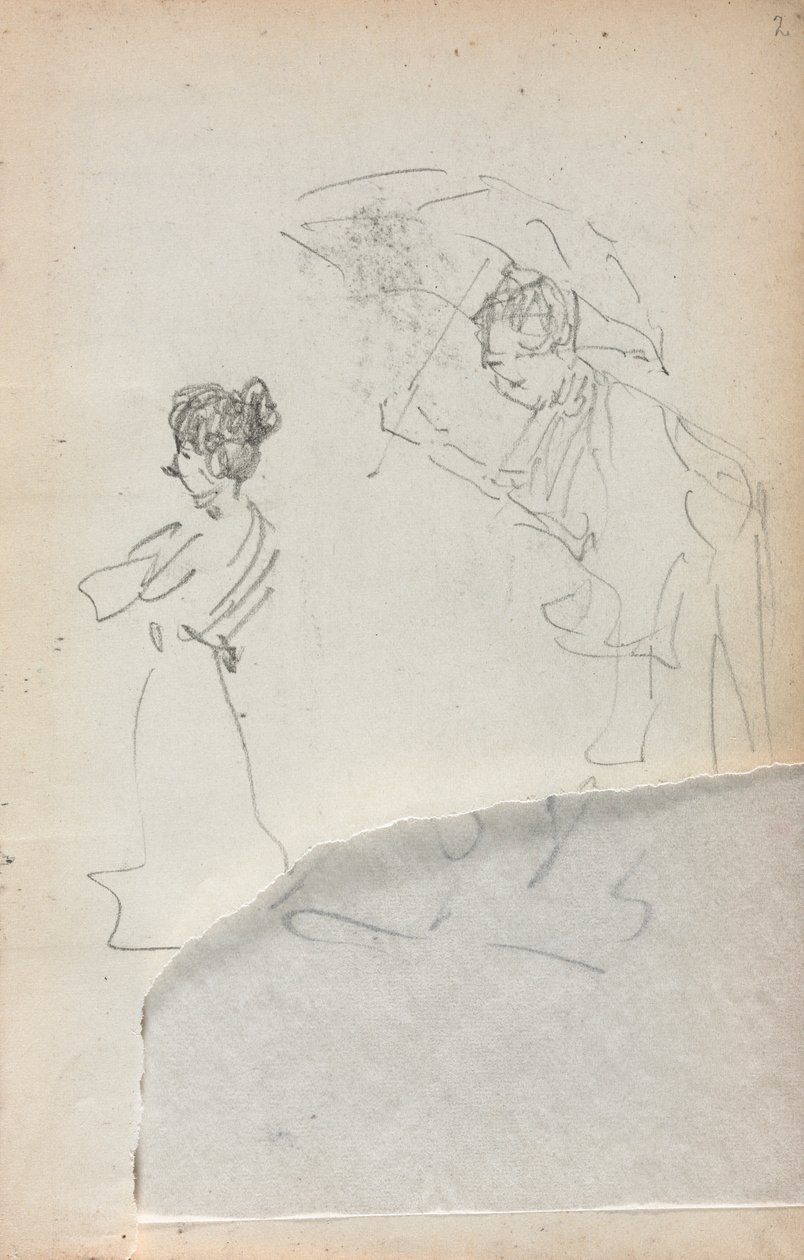 Italialainen luonnoskirja: seisova nainen profiilissa & mies sateenvarjolla sivu 2, 1898-1899. tekijältä Maurice Brazil Prendergast
