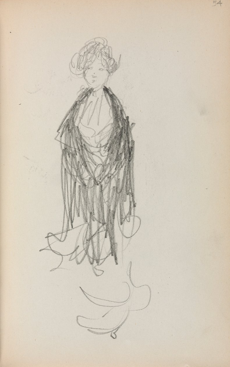 Italialainen luonnoskirja: Seisova nainen huivin kanssa sivu 54, 1898-1899. tekijältä Maurice Brazil Prendergast