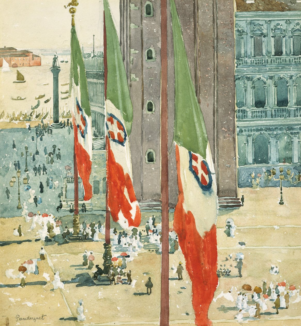 Piazza di San Marco, n.1898-99 (wc ja grafiitti luonnonvalkoiselle vellapaperille). tekijältä Maurice Brazil Prendergast