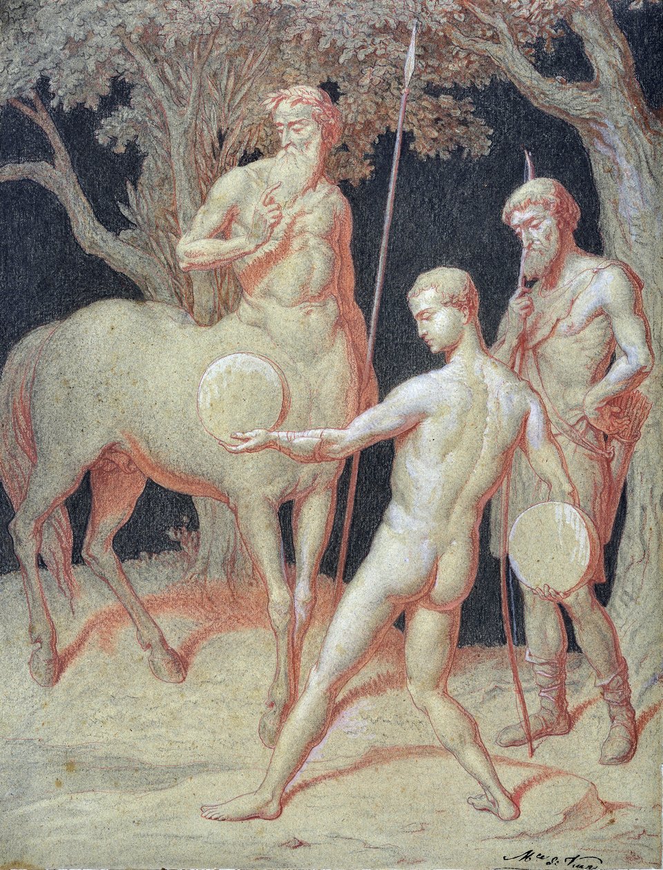 Kentaur Chironin Herculesin koulutus (piirustus) tekijältä Maurice De Vaines