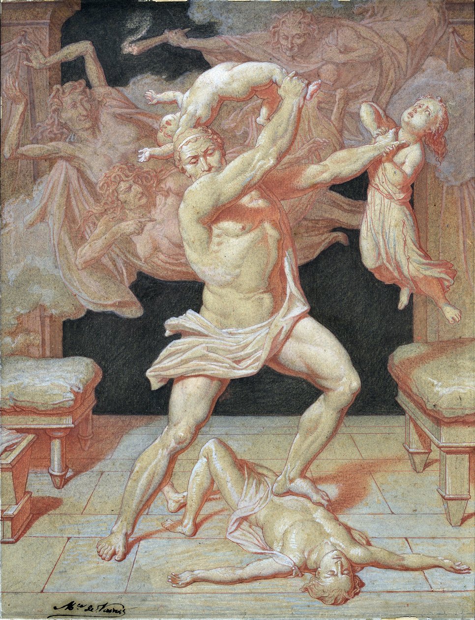 Herakles sai hulluksi, kun Hera murhasi lapsensa (piirustus) tekijältä Maurice De Vaines