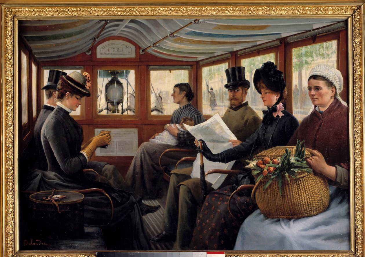 Omnibussissa Matkustajat asettuvat omnibussiin. Maurice Delondren maalaus (1800-luku) 1890 Su. 0,66x0,94 m Pariisi, Musee Carnavalet tekijältä Maurice Delondre