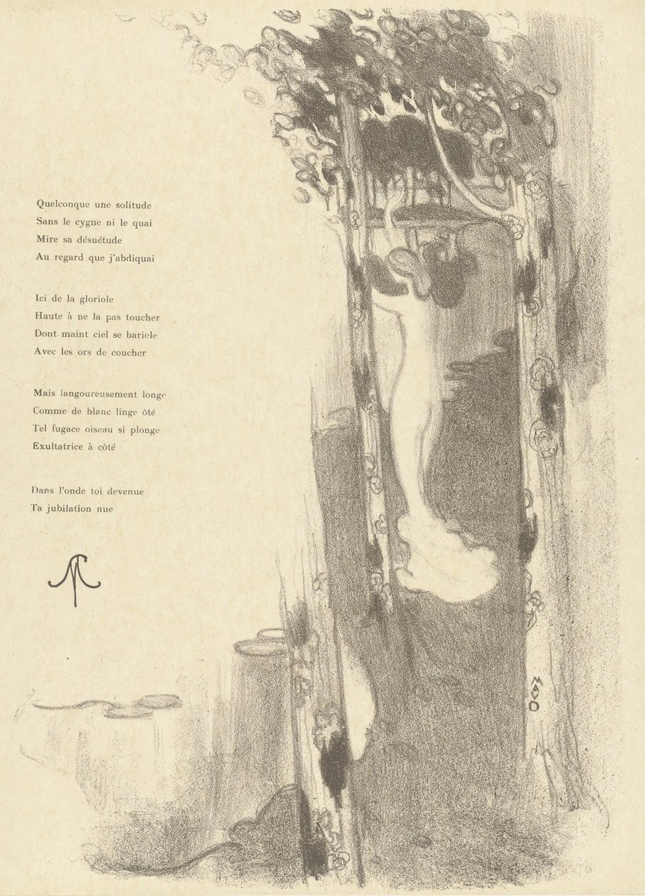 Kuvitus alaston naisesta seisovasta puiden välissä järven rannalla runolla Petit Air Stéphane Mallarmé Kuvitus Stéphane Mallarmé Petit Air -sonetista L