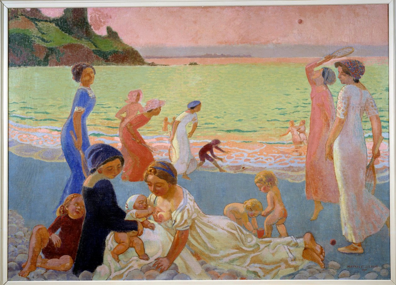 Syyskuun ilta Nuoret naiset ja lapset rannalla päivän päätteeksi, äiti imettää, muut leikkivät lumikenkiä, 1911 (öljy kankaalle) tekijältä Maurice Denis