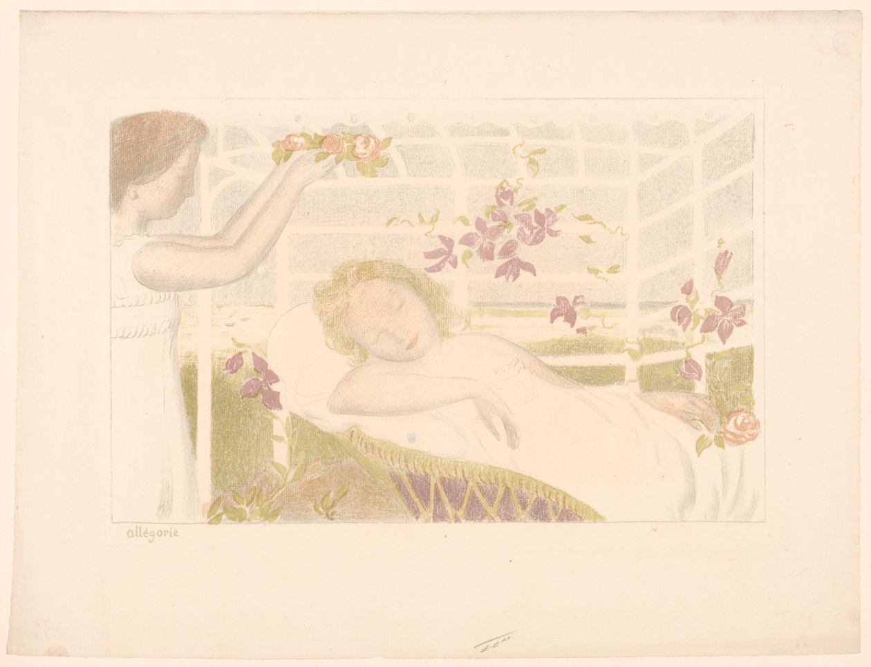 Nukkuva tyttö saa kukkasppeleen Allegoria (otsikko esineessä) Rakkauden esitykset (sarjan nimi) Rakkaus (sarjan nimi) tekijältä Maurice Denis
