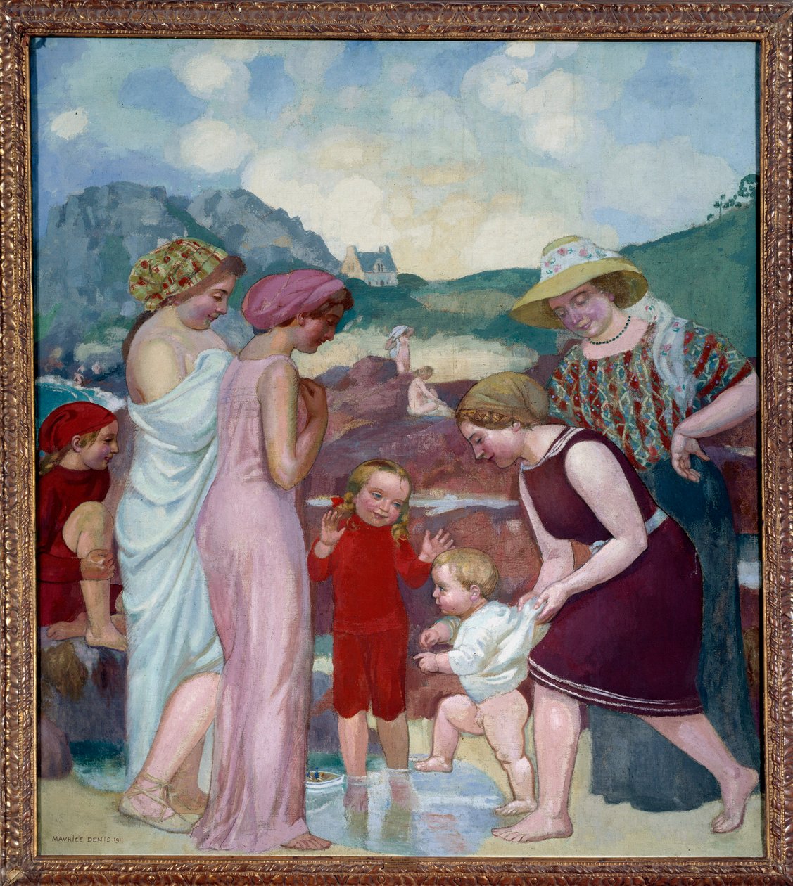 Ensimmäiset askeleet. Nuori poika ottaa ensimmäiset askeleensa äitinsä ja perheensä edessä tekijältä Maurice Denis