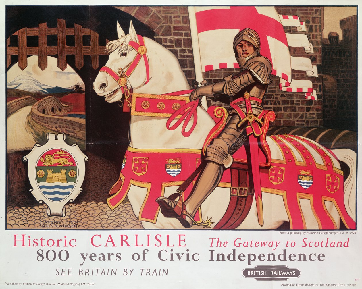 British Rail -juliste, joka mainostaa Historic Carlisle, Gateway to Scotland, 1924 tekijältä Maurice Greiffenhagen