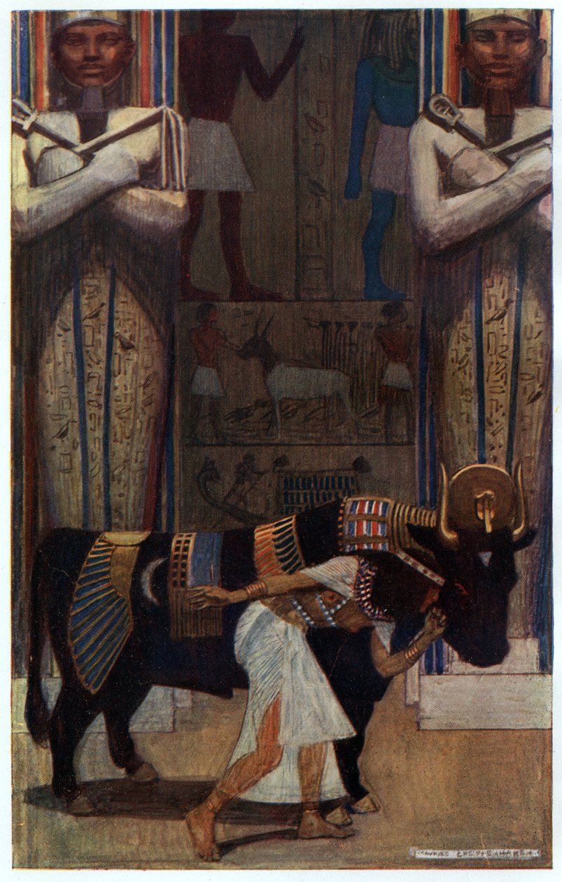 Tyttövaimo ja kylpyhärkä, kuvitus julkaisusta "Egyptian Myth and Legend", julkaisija Gresham Publishing, Co. tekijältä Maurice Greiffenhagen