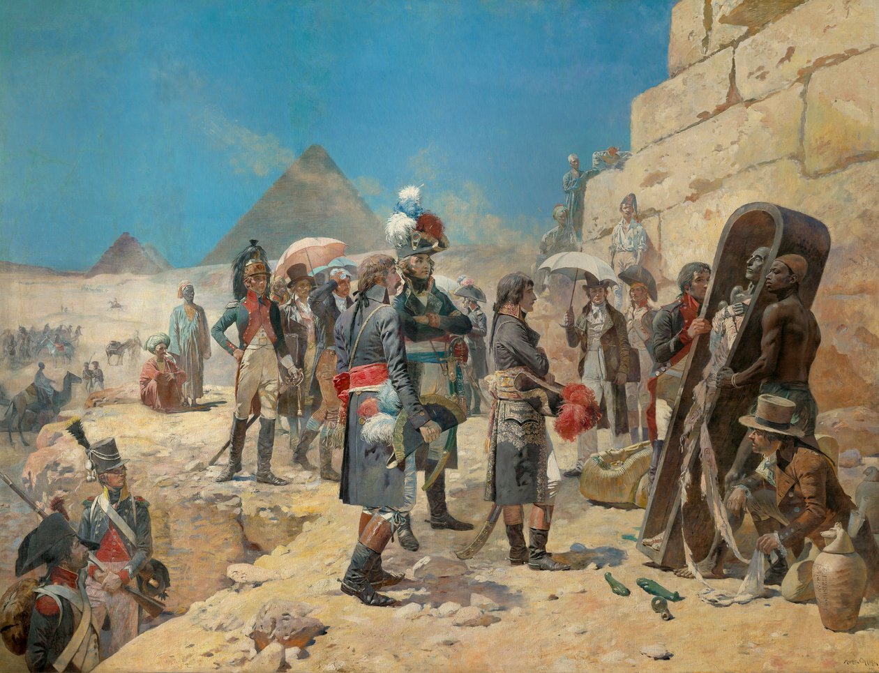 Napoleon Bonaparte pyramidien edessä pohtimassa kuninkaan muumiota Egyptin maaseudulla tekijältä Maurice Henri Orange
