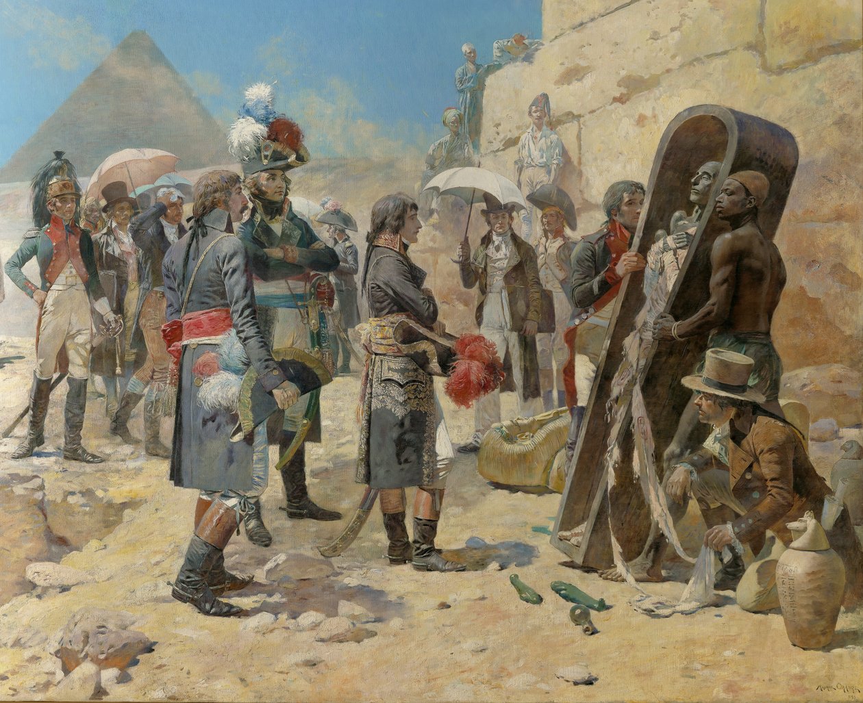 Napoleon Bonaparte pyramidien edessä pohtimassa kuninkaan muumiota Egyptin maaseudulla tekijältä Maurice Henri Orange