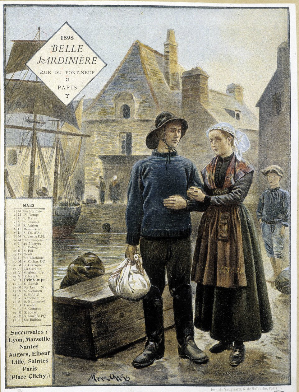 Bretonilaisten kalastajien lähtö Newfoundlandiin - kauppakalenteri” La Belle Jardinière”” tekijältä Maurice Henri Orange