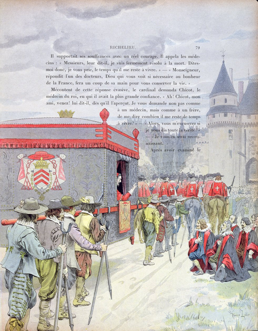 Armand-Jean du Plessis, kardinaali Richelieu (1585-1642) matkustamassa pentueessa, kun vanha mies, Theodore Camun kuvitus Richelieun elämästä, 1910 tekijältä Maurice Leloir