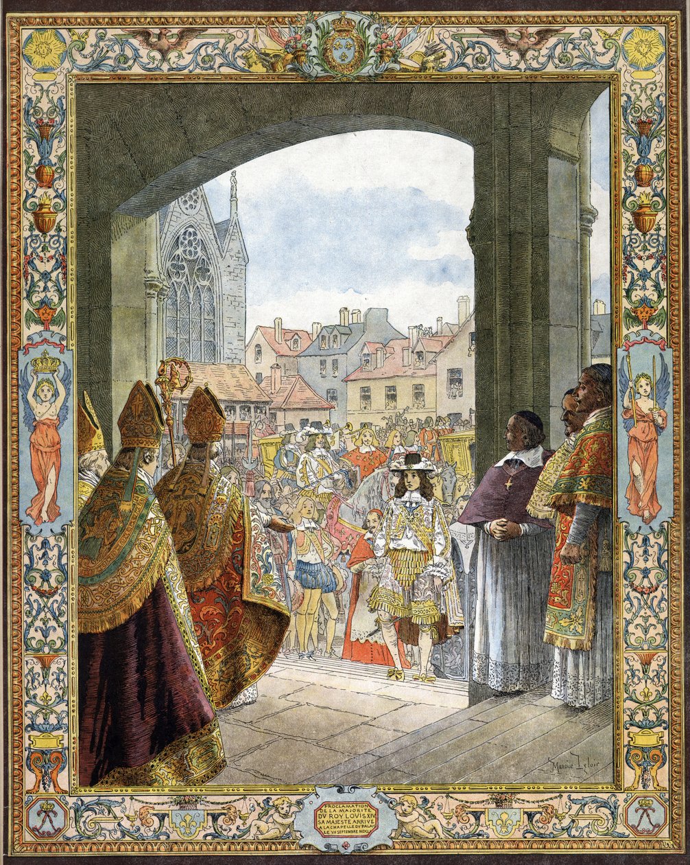 Saapui Sainte-Chapelle (Sainte Chapelle) julistaakseen enemmistön Ranskan kuninkaan Ludvig XIV:stä, joka tunnetaan nimellä Le Roi-Soleil (kuningas Soleil tai Ludvig Suuri). tekijältä Maurice Leloir