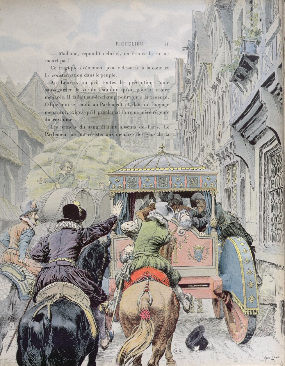 Francois Ravaillacin suorittama Henrik IV:n salamurha rue de la Ferronerie -kadulla 14. toukokuuta 1610, noin 1900. tekijältä Maurice Leloir