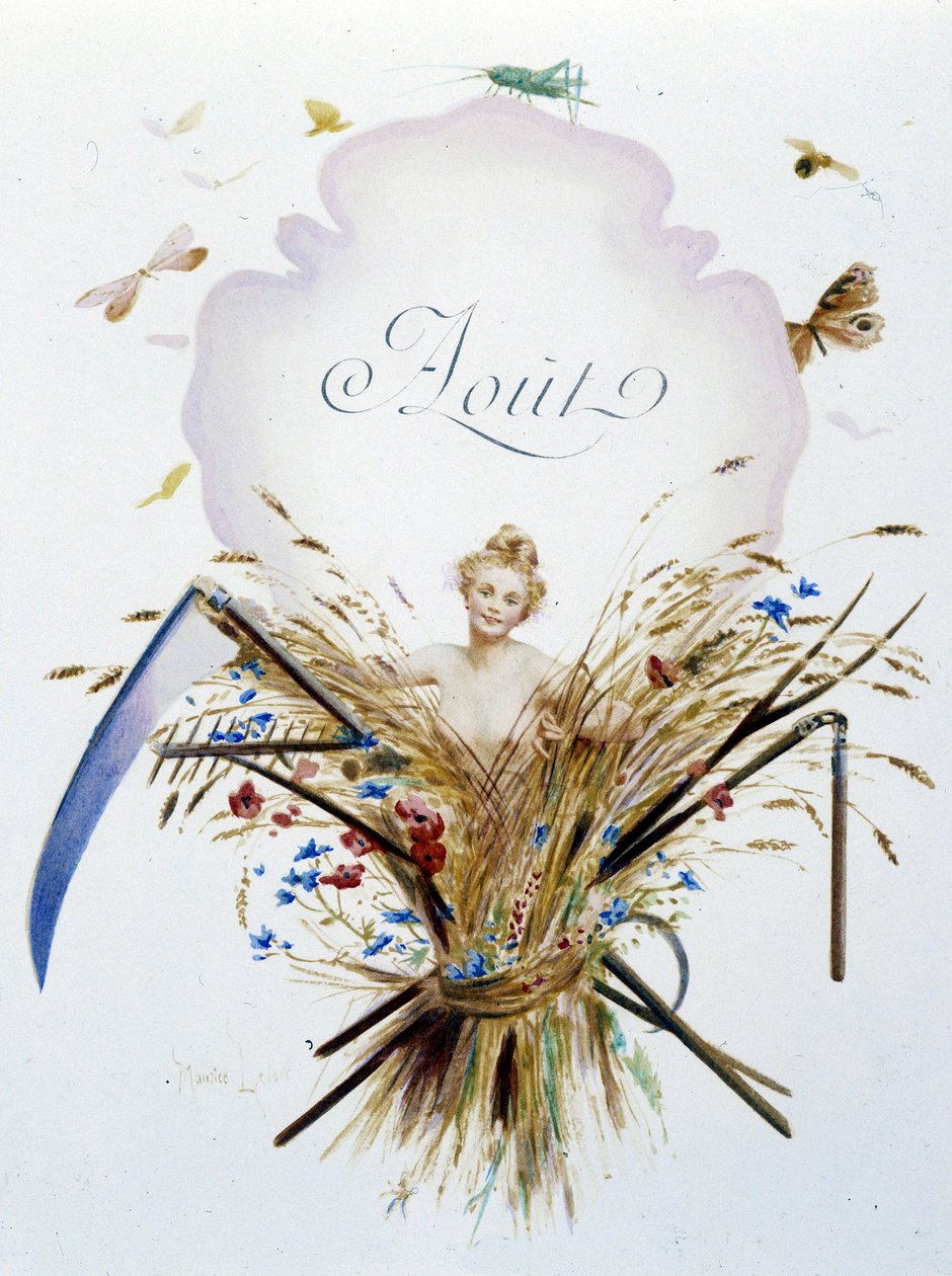 Elokuu ""Kuukauden laulu"", kirjoittanut Jérôme Doucet, kuvitus - Maurice Leloir, toim. Reims 1904. L. Michaud tekijältä Maurice Leloir