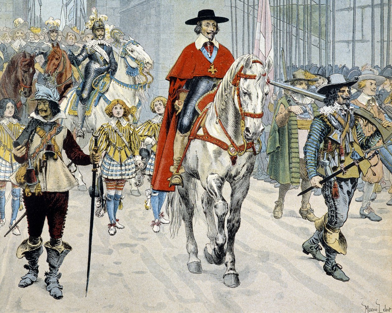 Kardinaali Richelieu ratsastaa Pariisin kaduilla tekijältä Maurice Leloir