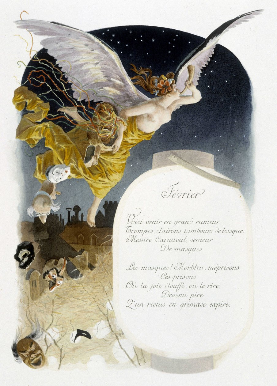 Helmikuu "" Kuukauden laulu"", kirjoittanut Jérôme Doucet, kuvitus - Maurice Leloir, toim. Reims 1904. L. Michaud tekijältä Maurice Leloir