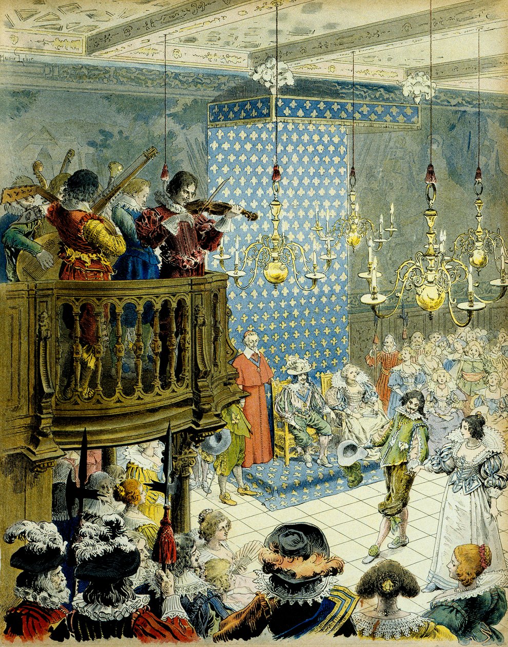 Ranskan historia: Ball kuningas Ludvig XIII:n (1601-1643) hovissa kuningatar Marie de Mediciksen (1575-1642) ja kardinaali Richelieun (Armand Jean du Plessis) kanssa tekijältä Maurice Leloir