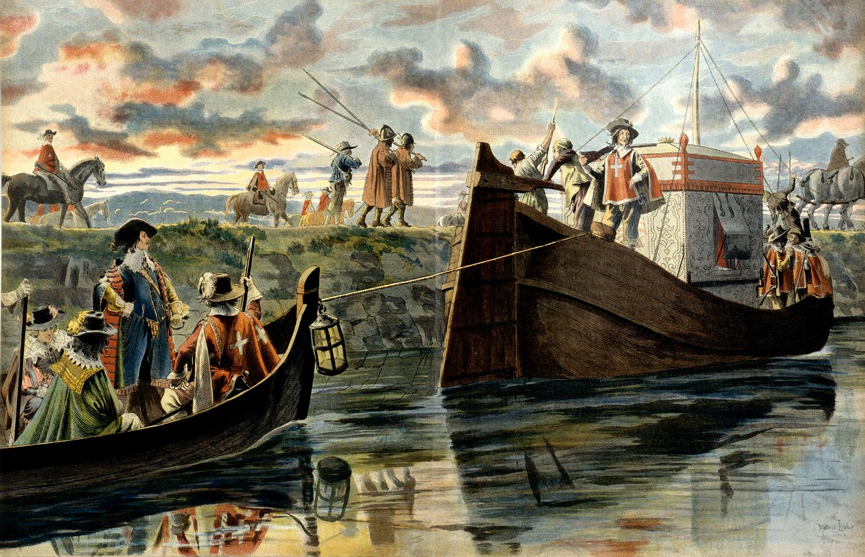 Ranskan historia: Armand Jean Du Plessis, Richelieun kardinaali (1585-1642) menee ylös Rhône-joelle raahautuen veneensä takana tai Henri Coiffier Ruze d