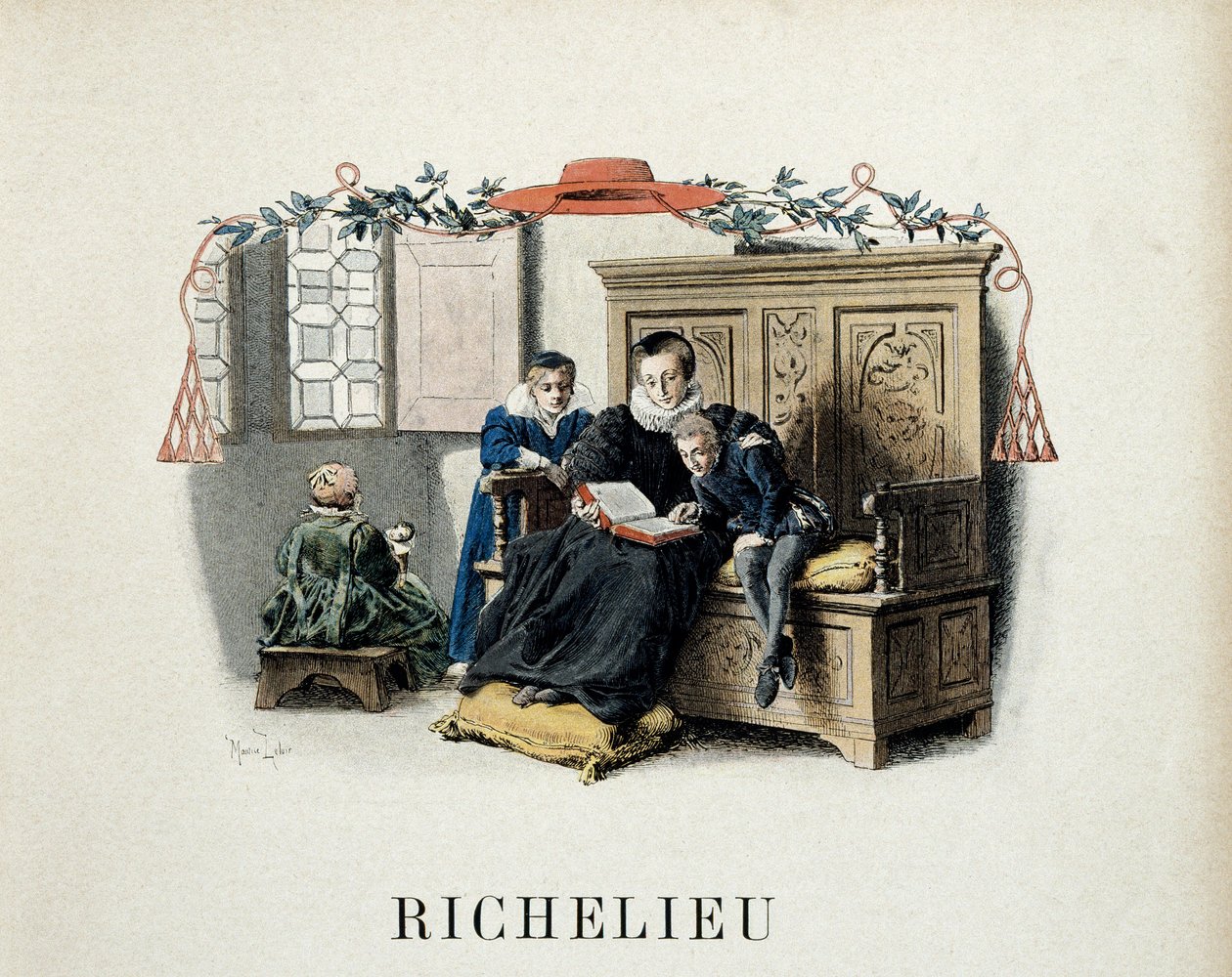 Ranskan historia: Armand Jean du Plessisin äiti, josta tuli kardinaali Richelieu (1585-1642) ja sitten Ludvig XIII:n ministeri, ohjaa hänen ensimmäisiä lukemiaan. Maurice Leloirin (1853-1940) kuvitus Theodore Cahun teoksessa "Richelieu" tekijältä Maurice Leloir