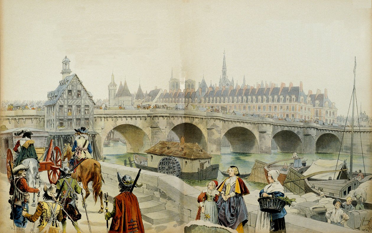 Ranskan historia: Hänen poikansa Ludvig XIII karkoitti Bloisin linnaan, Marie de Medicis (1575-1642) ja hänen sviittinsä lähtivät Pariisista vuonna 1617. Maurice Leloirin (1853-1940) kuvitus "" Richelieussa"" tekijältä Maurice Leloir