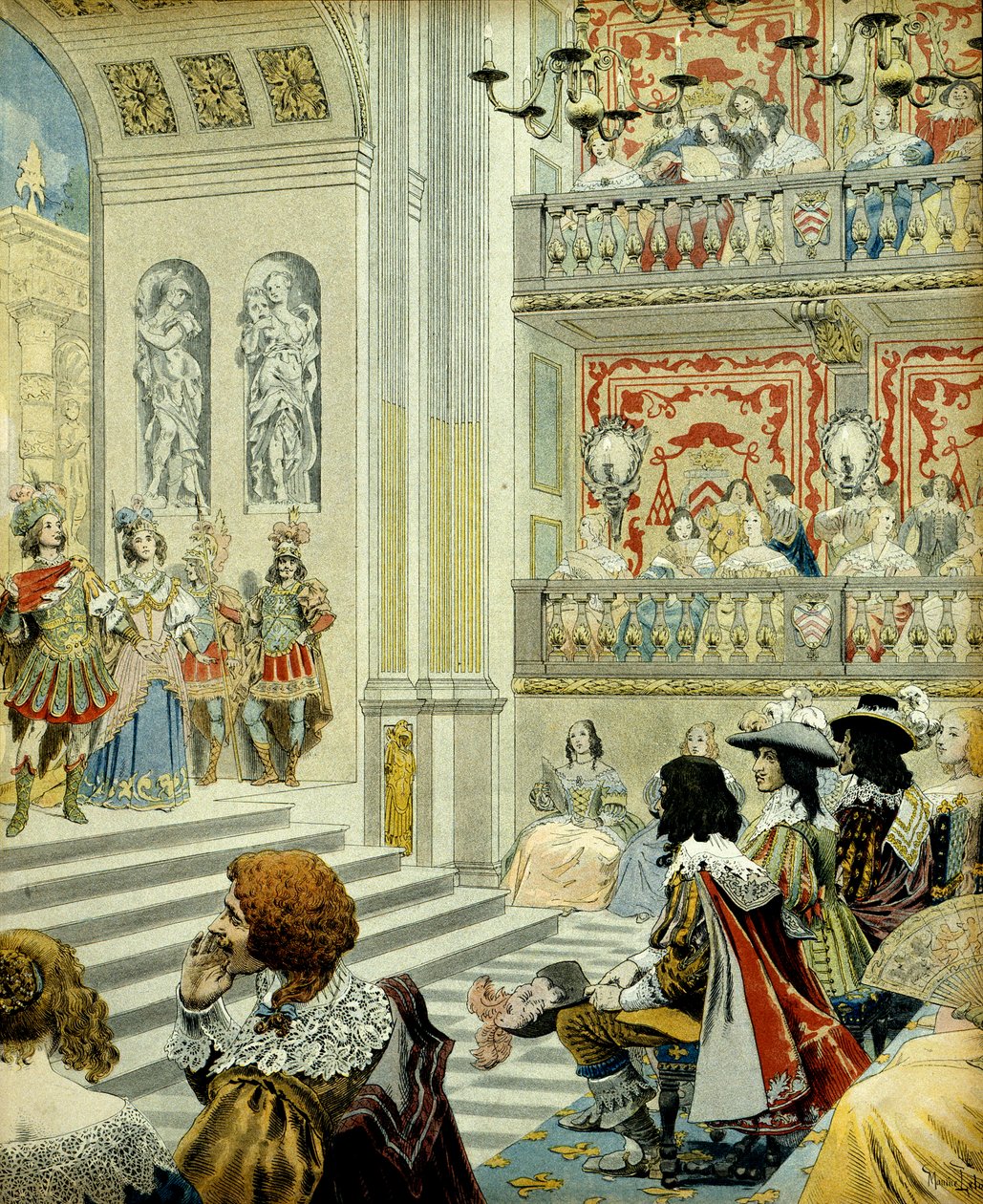 Ranskan historia: esitys kardinaalin palatsin (nykyisen kuninkaallisen palatsin) teatterissa Mirame-teoksesta, joka on kardinaali Richelieun (Armand Jean du Plessis) vuonna 1641 kirjoittama sankarillinen komedia. tekijältä Maurice Leloir