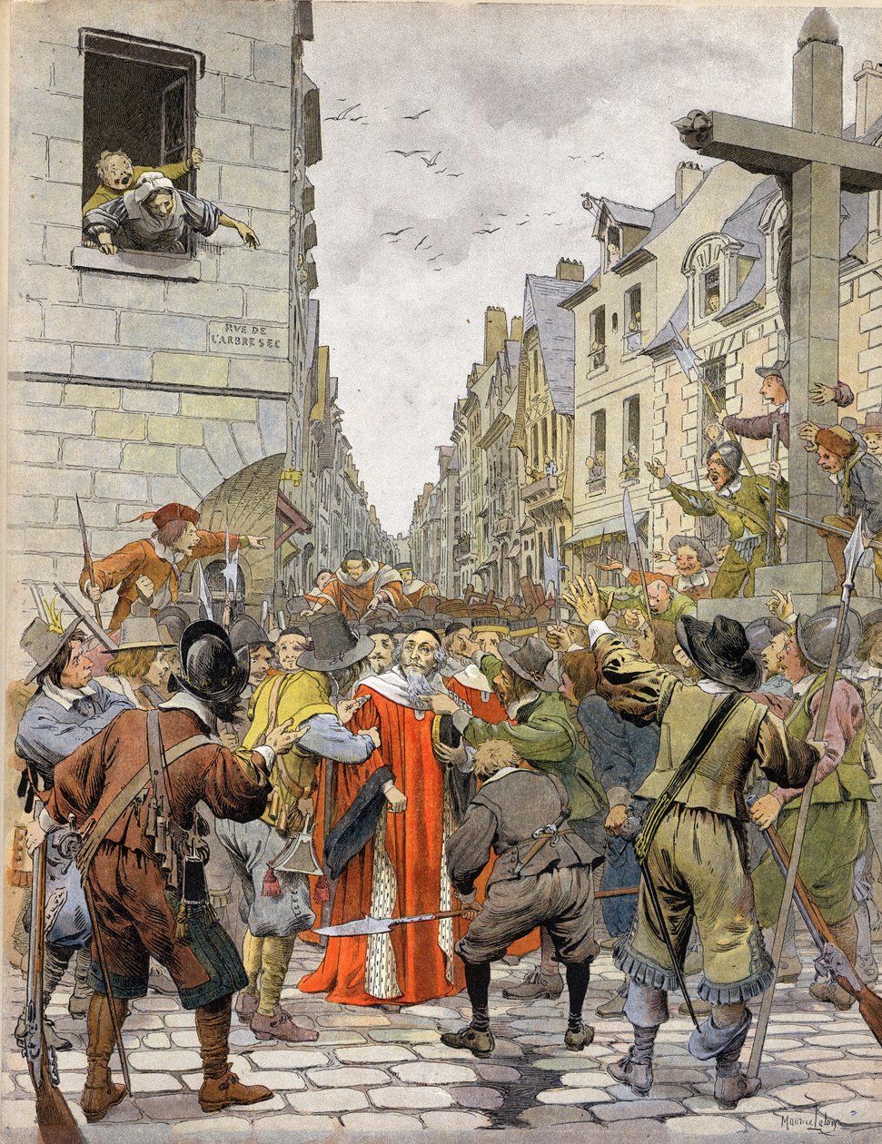 La Fronde: Journees des Barricades (elokuu 1648): Trahoirin risteyksessä (Saint Honore -katujen (Saint-Honore) ja Dry Arbren kulmassa Pariisissa) joukko vaatii Mathieu Molelta (1584-1656), Ensimmäinen parlamentin puhemies, mene Palais R:hen tekijältä Maurice Leloir
