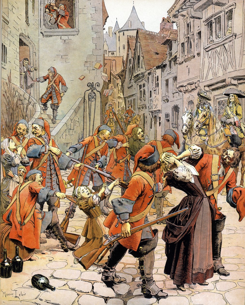 Les Dragonnades (1681-1685): protestanttisen perheen hajottaminen protestanttien kääntymisestä syytettyjen lohikäärmeiden toimesta. Kromatypografia Gustave Toutwelven teoksessa "Le Roy Soleil" (Louis XIV), kuvitus Maurice Leloir (1853-1940) tekijältä Maurice Leloir