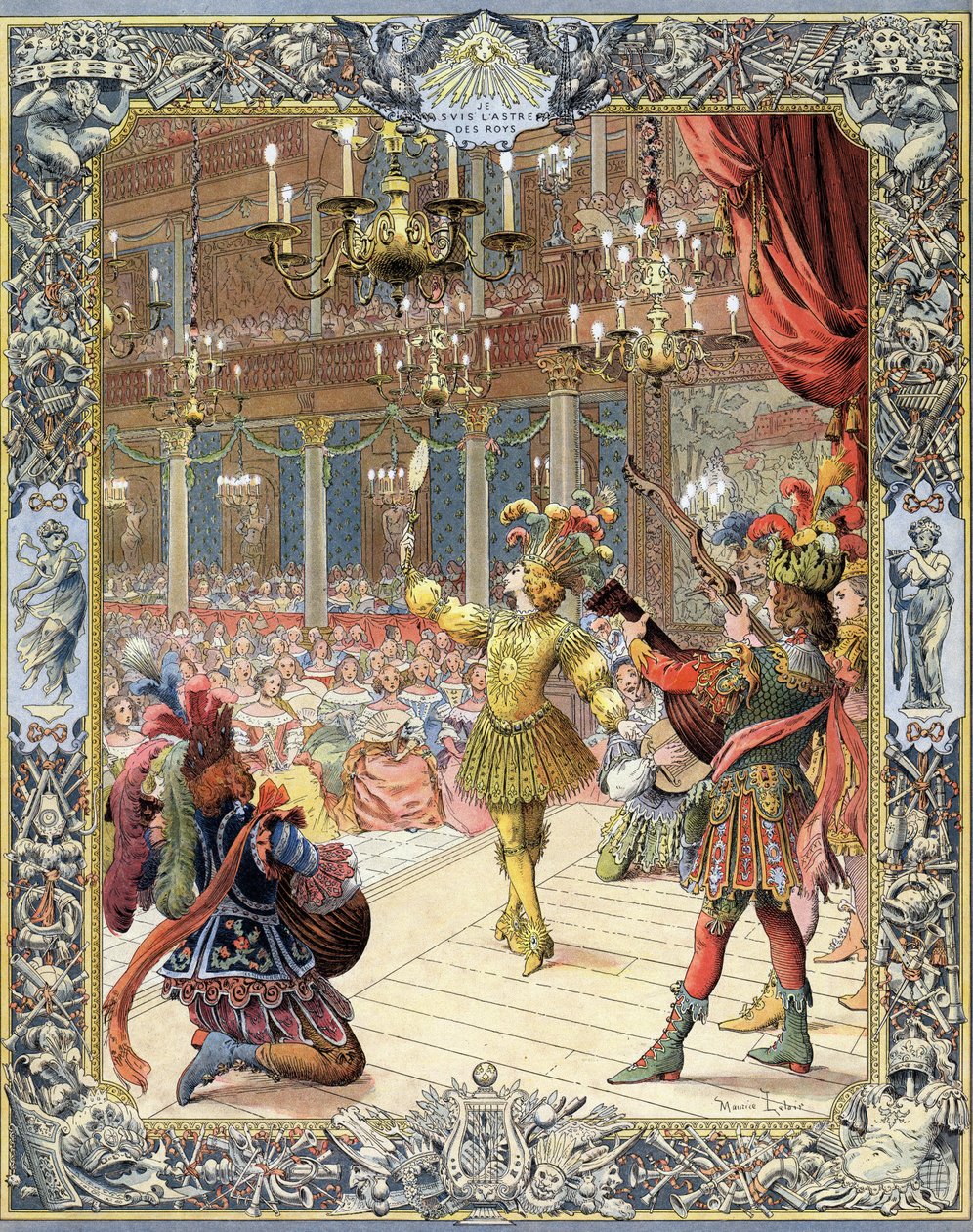 Ludvig XIV, osallistuja Isaac de Benseraden (1612-1691) libretoon "Ballet de la Nuit" auringonpaistepuvussa Little-Bourbonin (Petite Bourbon) suuressa salissa Pariisissa, 23. helmikuuta tekijältä Maurice Leloir
