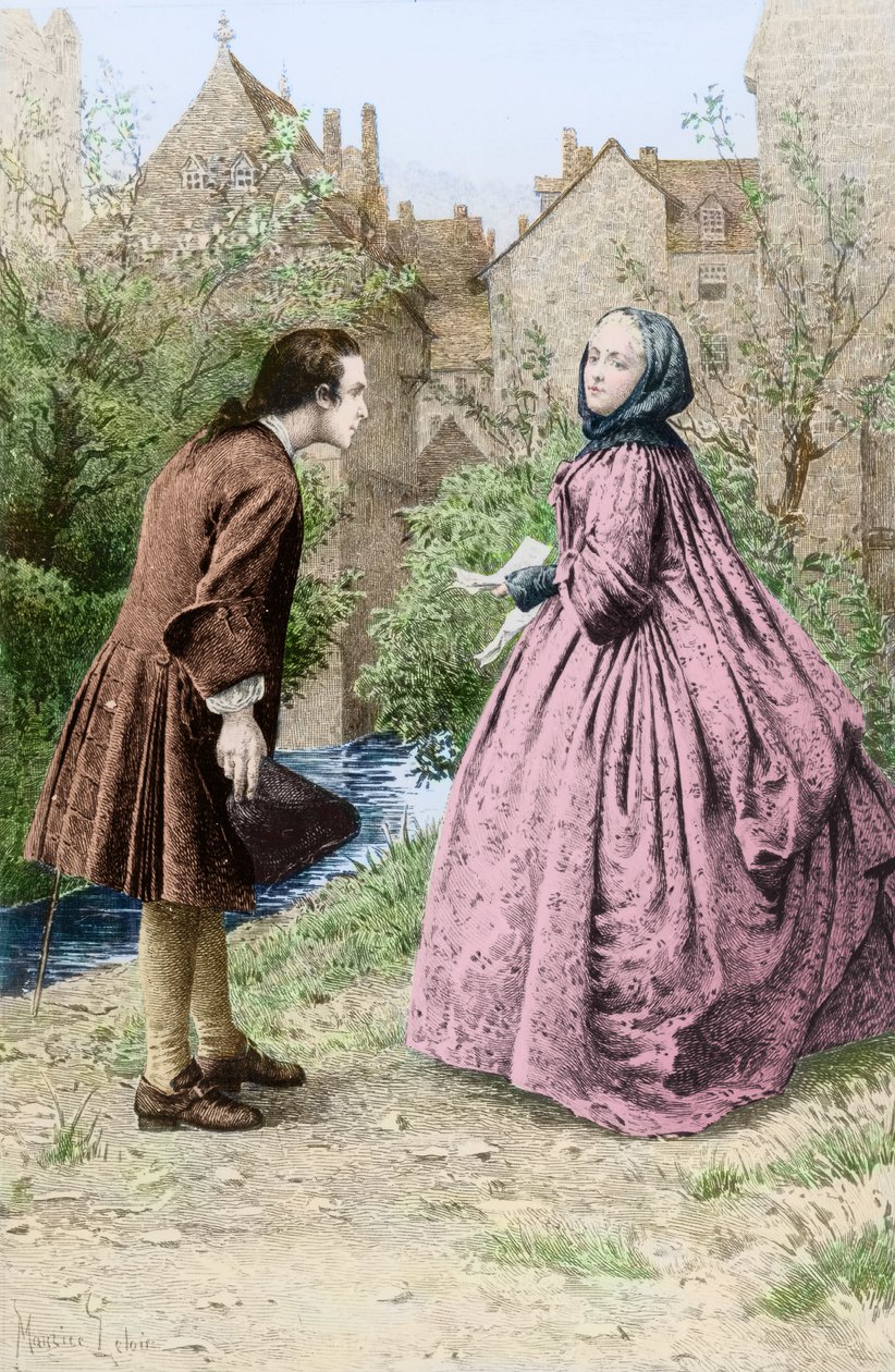 Nuoren Jean-Jacques Rousseaun ja tulevan läheisen ystävän Madame de Warensin tapaaminen 21. maaliskuuta 1728 tekijältä Maurice Leloir