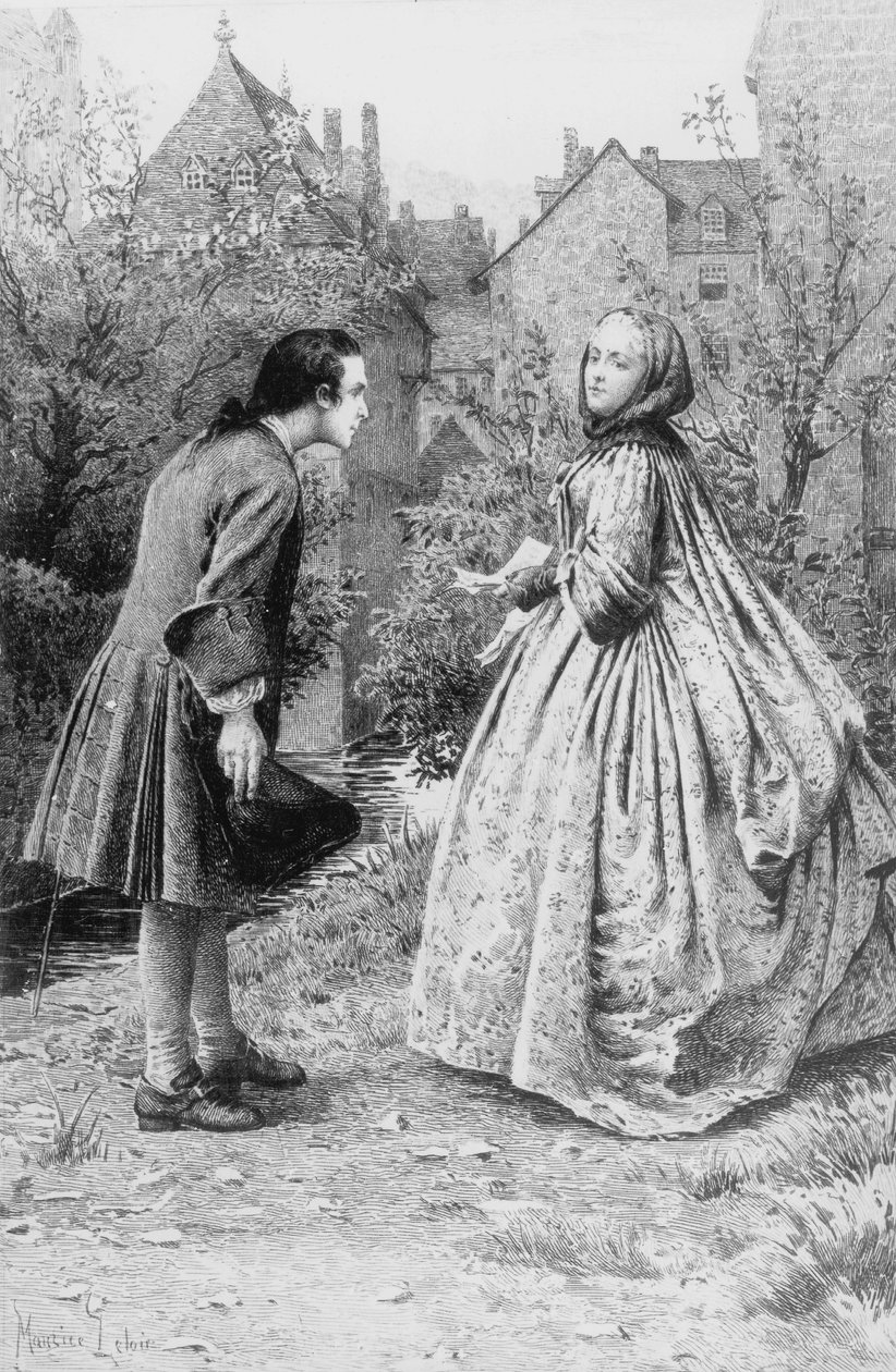 Nuoren Jean-Jacques Rousseaun ja tulevan läheisen ystävän Madame de Warensin tapaaminen 21. maaliskuuta 1728 (kaiverrus) tekijältä Maurice Leloir