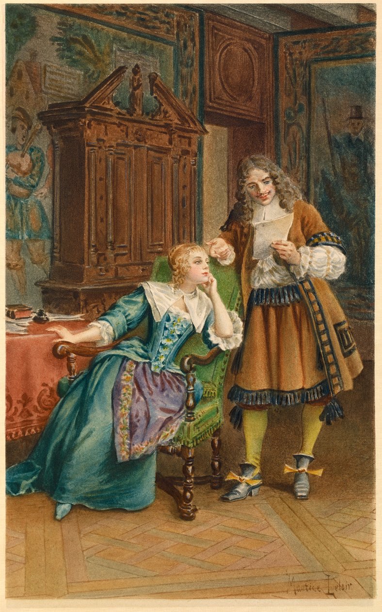 Moliere lukee uutta näytelmää Armande Bejartille (kuvitus). tekijältä Maurice Leloir
