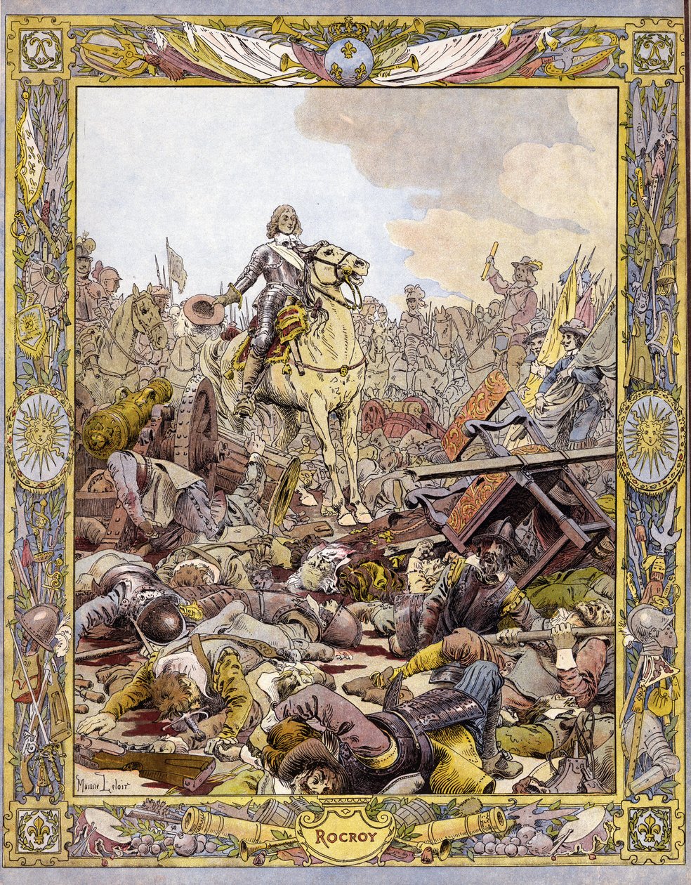Bourbon Conden (Bourbon-Conde) prinssi Louis II, joka tunnetaan nimellä Grand Conde (1621-1686), Enghienin herttua tervehtimässä Fontainen kreivin ruumista Rocroin (Rocroyn) taistelussa espanjalaisia vastaan, 19. toukokuuta tekijältä Maurice Leloir