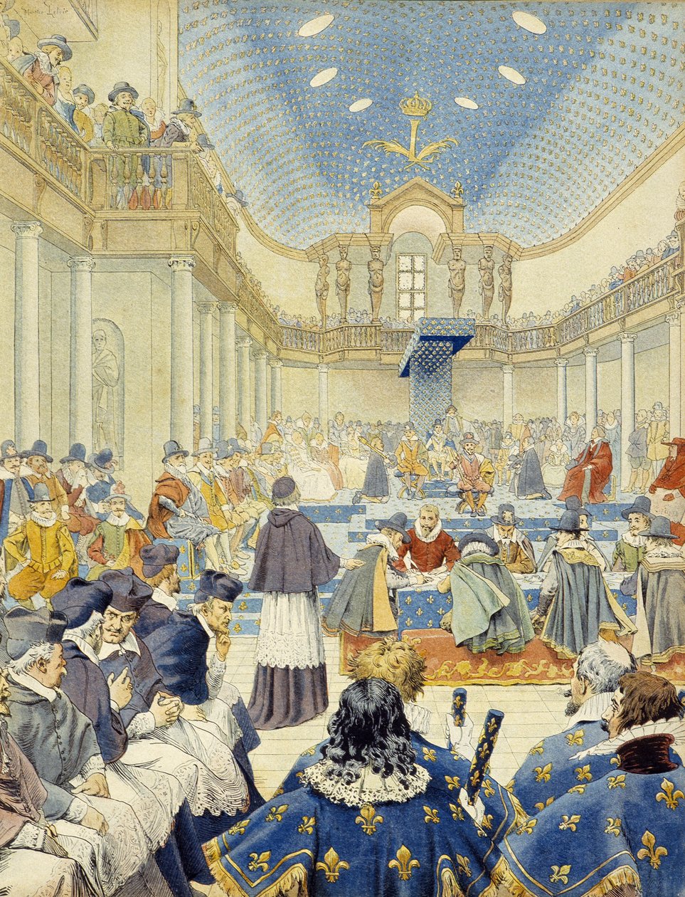 Richelieu piti puheen virkailijan nimissä osavaltioiden kenraalien vuoden 1614 päätöskokouksessa - Maurice Leloirin "Richelieussa". tekijältä Maurice Leloir