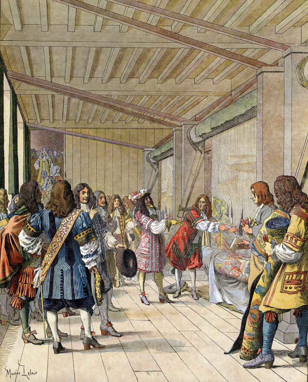 Taidemaalari Charles Lebrun (Le Brun) (1619-1690), valmistuksen johtaja, selitti Louis XIV:lle, joka tunnetaan nimellä Le Roi-Soleil (Kuningas Soleil tai Ludvig Suuri). tekijältä Maurice Leloir